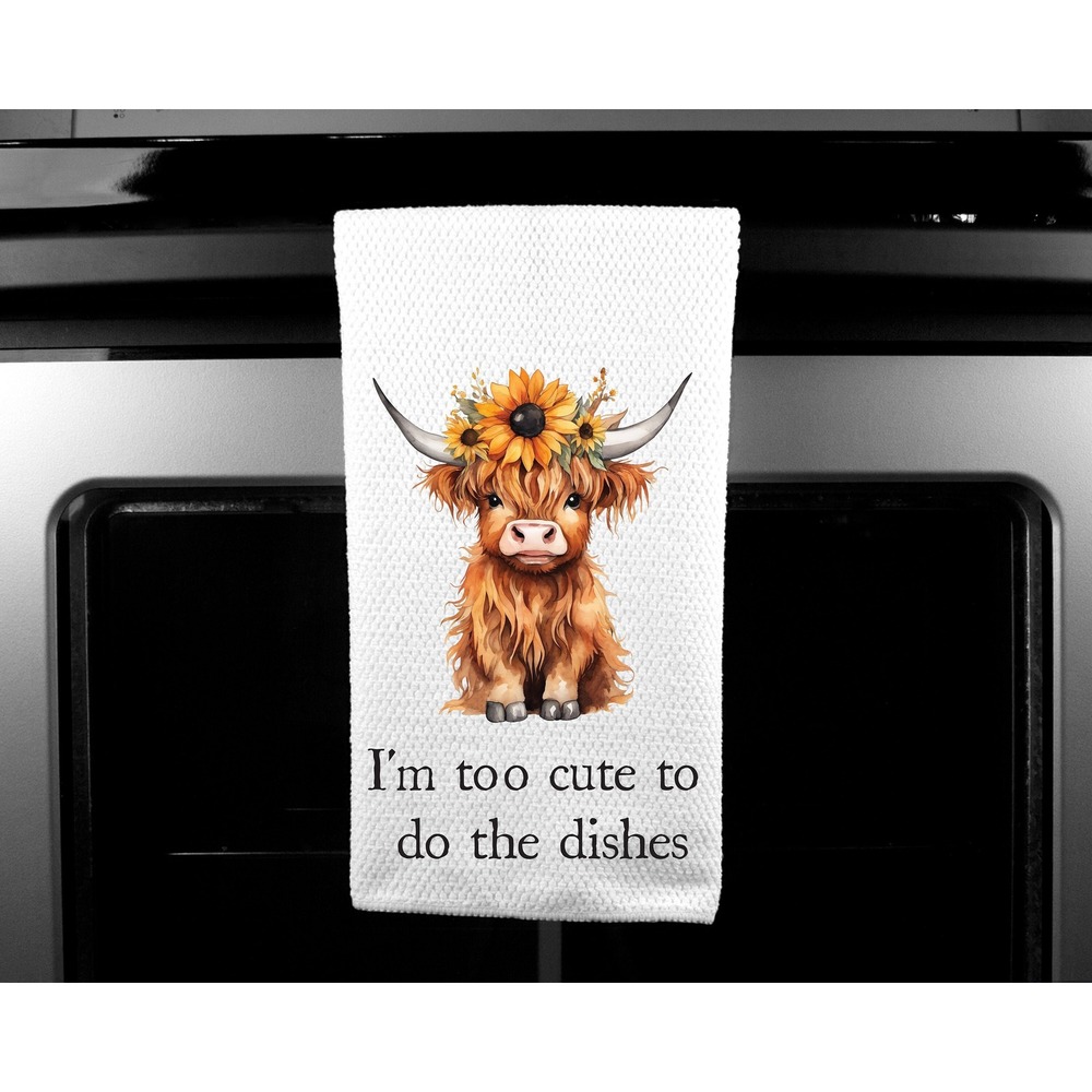 Funny Highland Cow Too Cute To Do Dishes Hand Towel